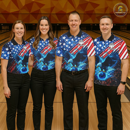 Four people wearing matching American flag-themed bowling shirts on a bowling alley.