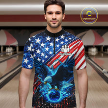 Load image into Gallery viewer, Man wearing an American flag quarter - zip shirt with an eagle design in a bowling alley, holding a bowling ball.