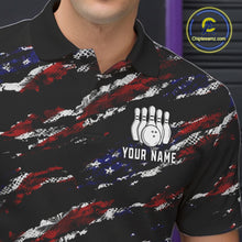 Load image into Gallery viewer, Close up of collar, chest and button details on a black American flag men's bowling polo shirt.