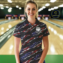Load image into Gallery viewer, Woman wearing a black American flag bowling polo shirt front view, custom bowling league jersey for women.