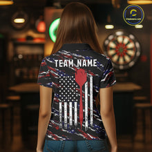 Load image into Gallery viewer, Back view of woman wearing a black American flag darts team jersey, custom darts tournament apparel.