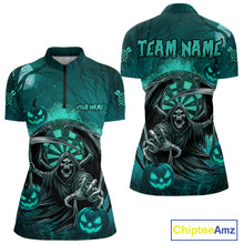 Load image into Gallery viewer, Turquoise Grim Reaper Halloween Darts Shirt For Women Custom Darts Jersey Team Polo &amp; Quarter Zip TDM4666