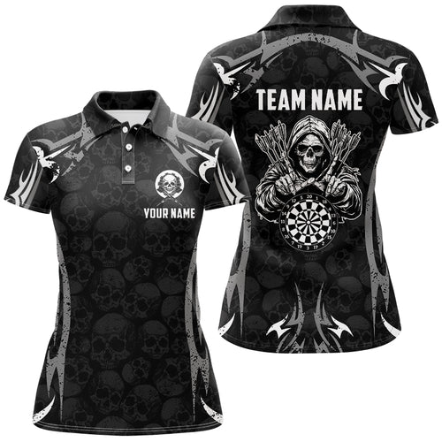 Black Grey Death Skeleton Skull Pattern Custom Darts Shirts For Women, Scary Darts Team Jerseys TDM2594