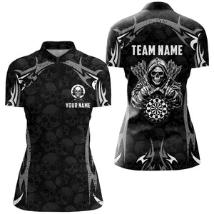 Black Grey Death Skeleton Skull Pattern Custom Darts Shirts For Women, Scary Darts Team Jerseys TDM2594