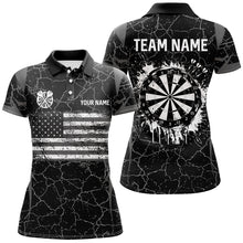 Load image into Gallery viewer, Personalized Black White Retro US Flag Patriotic Women Dart Shirts, Crack Pattern Grunge Dart Jerseys TDM2596