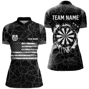 Personalized Black White Retro US Flag Patriotic Women Dart Shirts, Crack Pattern Grunge Dart Jerseys TDM2596