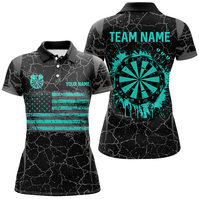 Personalized Turquoise Retro US Flag Patriotic Women Dart Shirts, Crack Pattern Grunge Dart Jerseys TDM2597