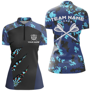 Blue Camo Darts Polo & Quarter Zip Shirt Custom Camouflage Dart Shirts For Women Darts Team Jerseys TDM2840