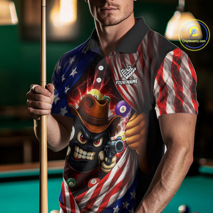 Glowing American Flag Funny 8 Ball Billiard Shirt For Men Custom Patriotic Pool Team Jersey TDM5570
