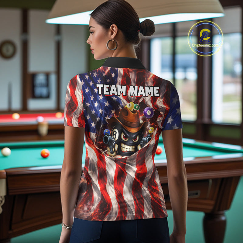 Glowing American Flag Funny 8 Ball Billiard Shirt For Women Custom Patriotic Pool Team Jersey TDM5570