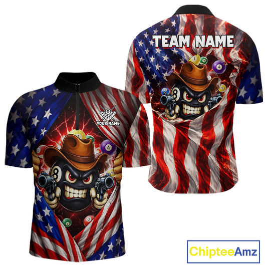 Glowing American Flag Funny 8 Ball Billiard Shirt For Men Custom Patriotic Pool Team Jersey TDM5570