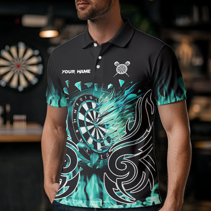 Custom Turquoise Tribal Flame Dart Shirt For Men, Dart Jersey Pocket Option TDM3795