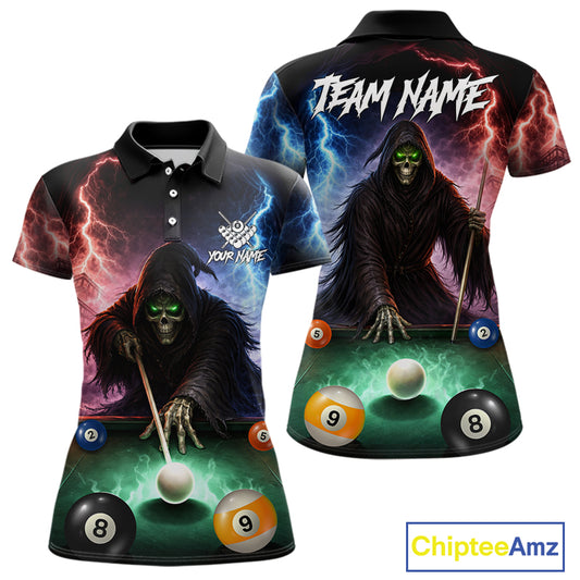 Funny Grim Reaper Lightning Billiard Shirt For Women Custom Pool Balls Team Jersey Polo & 1/4 Zip TDM6410