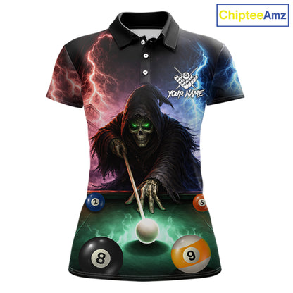 Funny Grim Reaper Lightning Billiard Shirt For Women Custom Pool Balls Team Jersey Polo & 1/4 Zip TDM6410