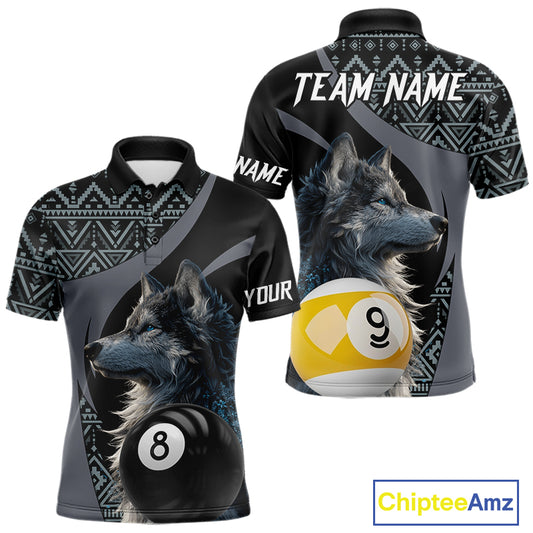 Customizable billiard polo shirt with wolf design and pool ball elements 