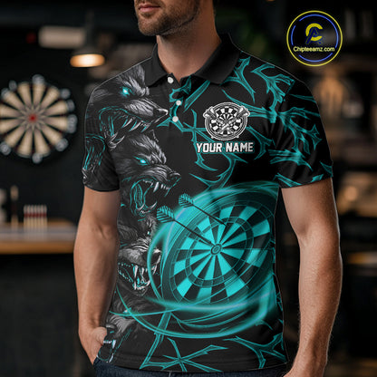Personalized Wolf Dart Shirts For Men Custom Lights Dartboard Darts Team Jerseys |Turquoise TDM4670
