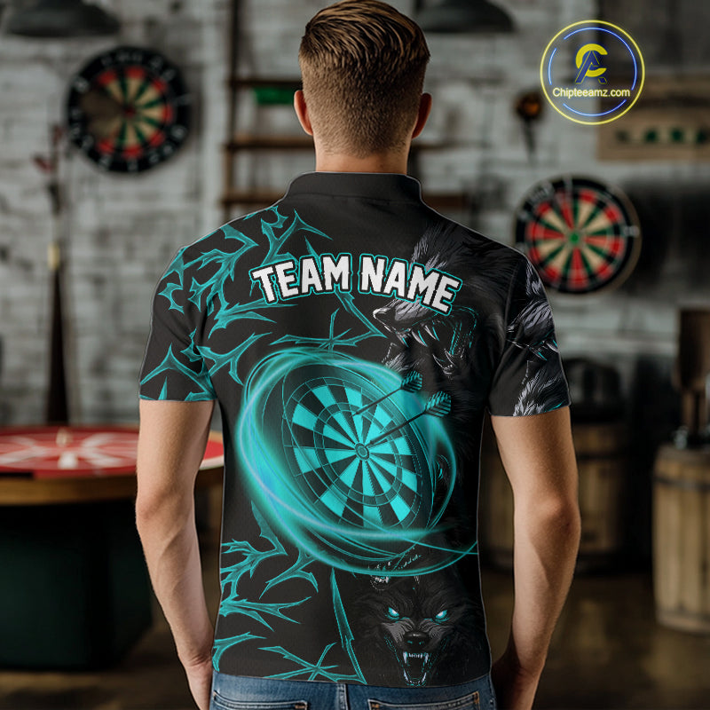 Personalized Wolf Dart Shirts For Men Custom Lights Dartboard Darts Team Jerseys |Turquoise TDM4670