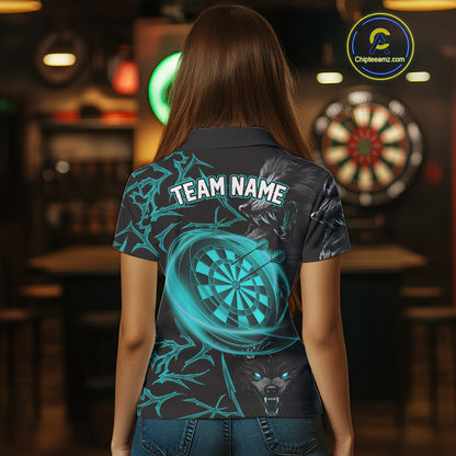 Personalized Wolf Dart Shirts For Women Custom Lights Dartboard Darts Team Jerseys |Turquoise TDM4670