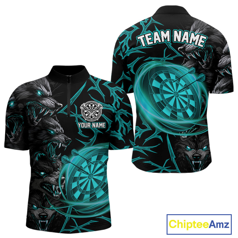 Personalized Wolf Dart Shirts For Men Custom Lights Dartboard Darts Team Jerseys |Turquoise TDM4670
