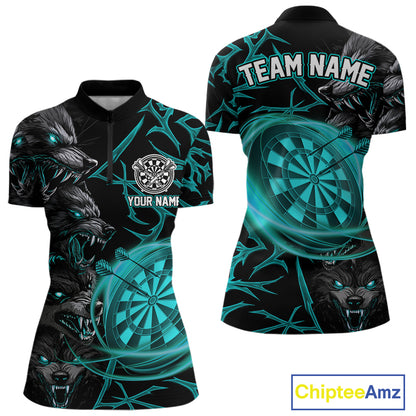 Personalized Wolf Dart Shirts For Women Custom Lights Dartboard Darts Team Jerseys |Turquoise TDM4670