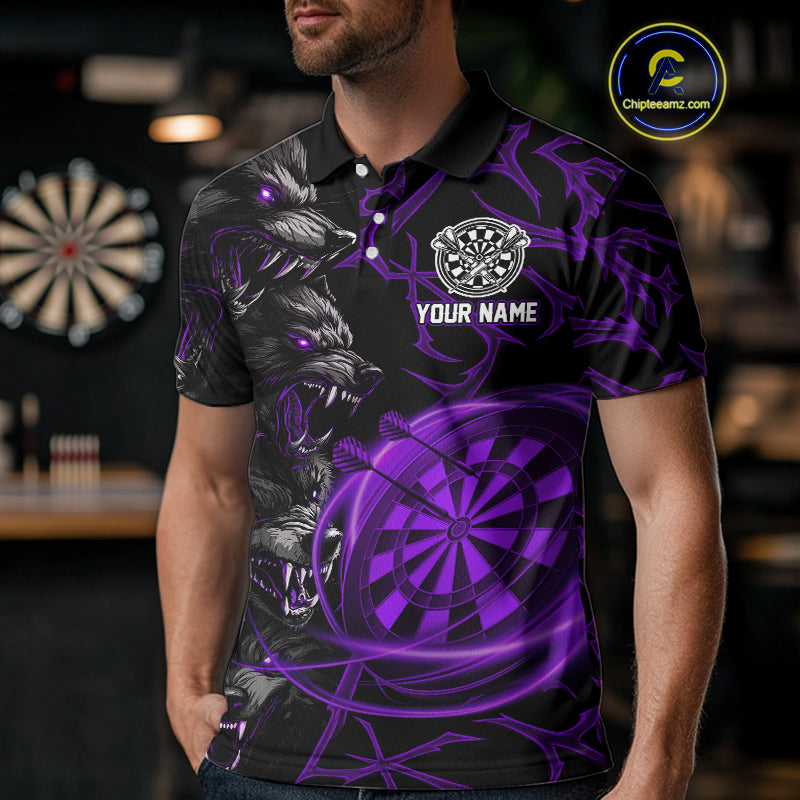 Personalized Wolf Dart Shirts For Men Custom Lights Dartboard Darts Team Jerseys |Purple TDM4671