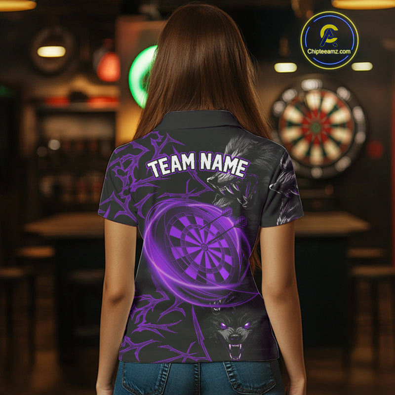 Personalized Wolf Dart Shirts For Women Custom Lights Dartboard Darts Team Jerseys |Purple TDM4671
