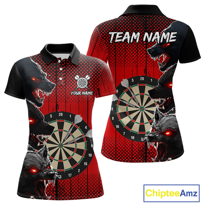 Personalized Red Grunge Wolf Darts Shirt For Women Custom Funny Darts Jersey Team Polo & 1/4 Zip TDM4672
