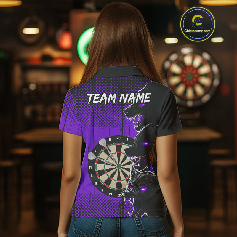 Personalized Purple Grunge Wolf Darts Shirt For Women Custom Funny Darts Jersey Team Polo & 1/4 Zip TDM4673