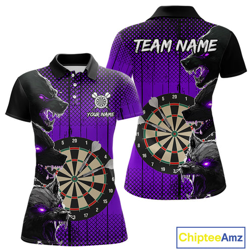 Personalized Purple Grunge Wolf Darts Shirt For Women Custom Funny Darts Jersey Team Polo & 1/4 Zip TDM4673