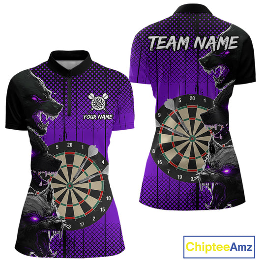 Personalized Purple Grunge Wolf Darts Shirt For Women Custom Funny Darts Jersey Team Polo & 1/4 Zip TDM4673