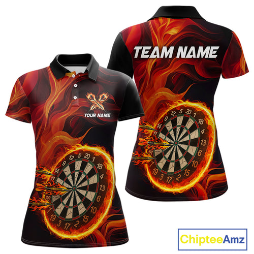 Red Flaming Dartboard Shirt For Women Custom Fire Darts Jersey Polo & Quarter Zip Team Uniform TDM4675