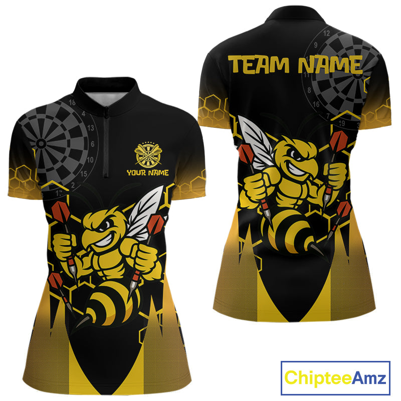Personalized Yellow Black Funny Bee Darts Shirt For Women Custom Darts Jersey Outfit Polo & 1/4 Zip TDM4681