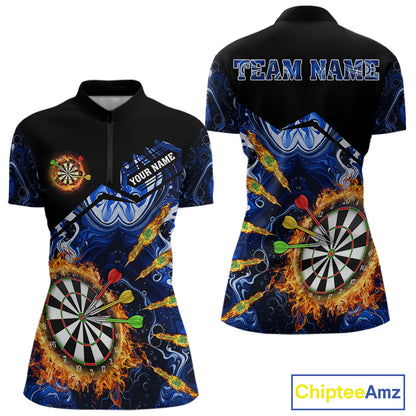 Personalized Blue Dartboard Fire Marble Darts Shirt For Women Custom Dart Team Jersey Polo & 1/4 Zip TDM5096