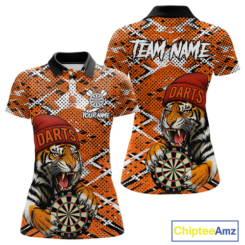 Personalized Orange Black Grunge Tiger Darts Shirt For Women Custom Darts Team Jersey Polo & 1/4 Zip TDM5099