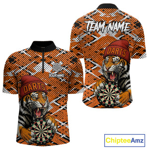 Personalized Orange Black Grunge Tiger Darts Shirt For Men Custom Darts Team Jersey Polo & 1/4 Zip TDM5099