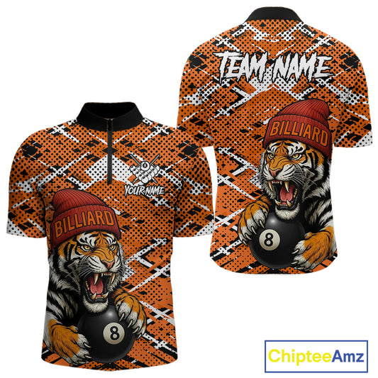 Personalized Orange Black Grunge Tiger Billiard Shirt For Men Custom 8 Ball Pool Team Jersey TDM5100