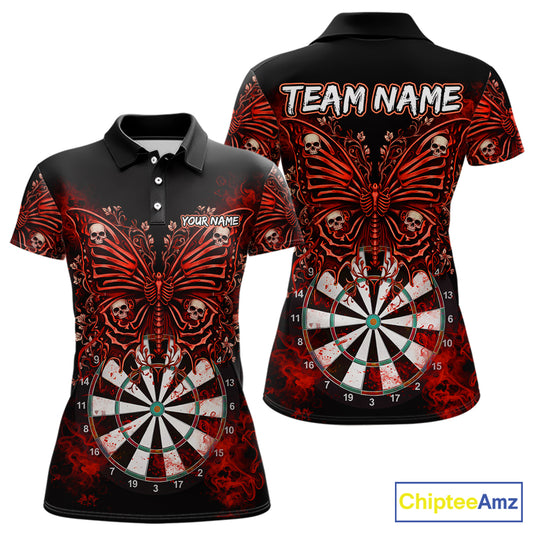 Red Dartboard Butterfly Skull Darts Shirt For Women Custom Darts League Team Jersey Polo & 1/4 Zip TDM5583