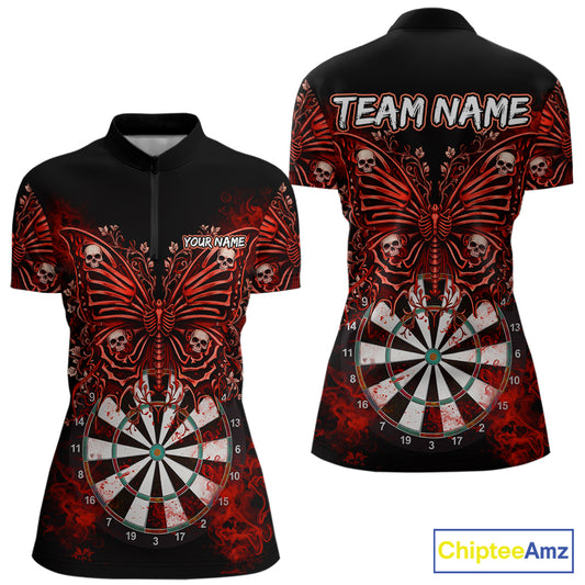 Red Dartboard Butterfly Skull Darts Shirt For Women Custom Darts League Team Jersey Polo & 1/4 Zip TDM5583