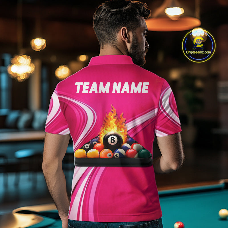 Personalized Pink Billiard Jersey For Men Custom Flame 8 Ball Pool Billiard Shirt Polo & 1/4 Zip TDM5814