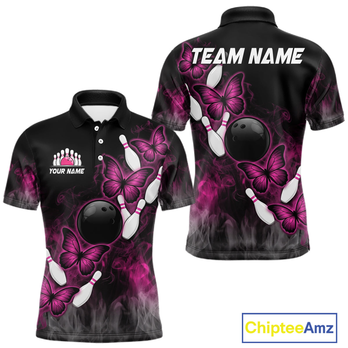 Pink Black Custom Butterfly Bowling Shirt For Men, Smoke Bowling Team Jersey Polo & 1/4 Zip Shirt TDM6423