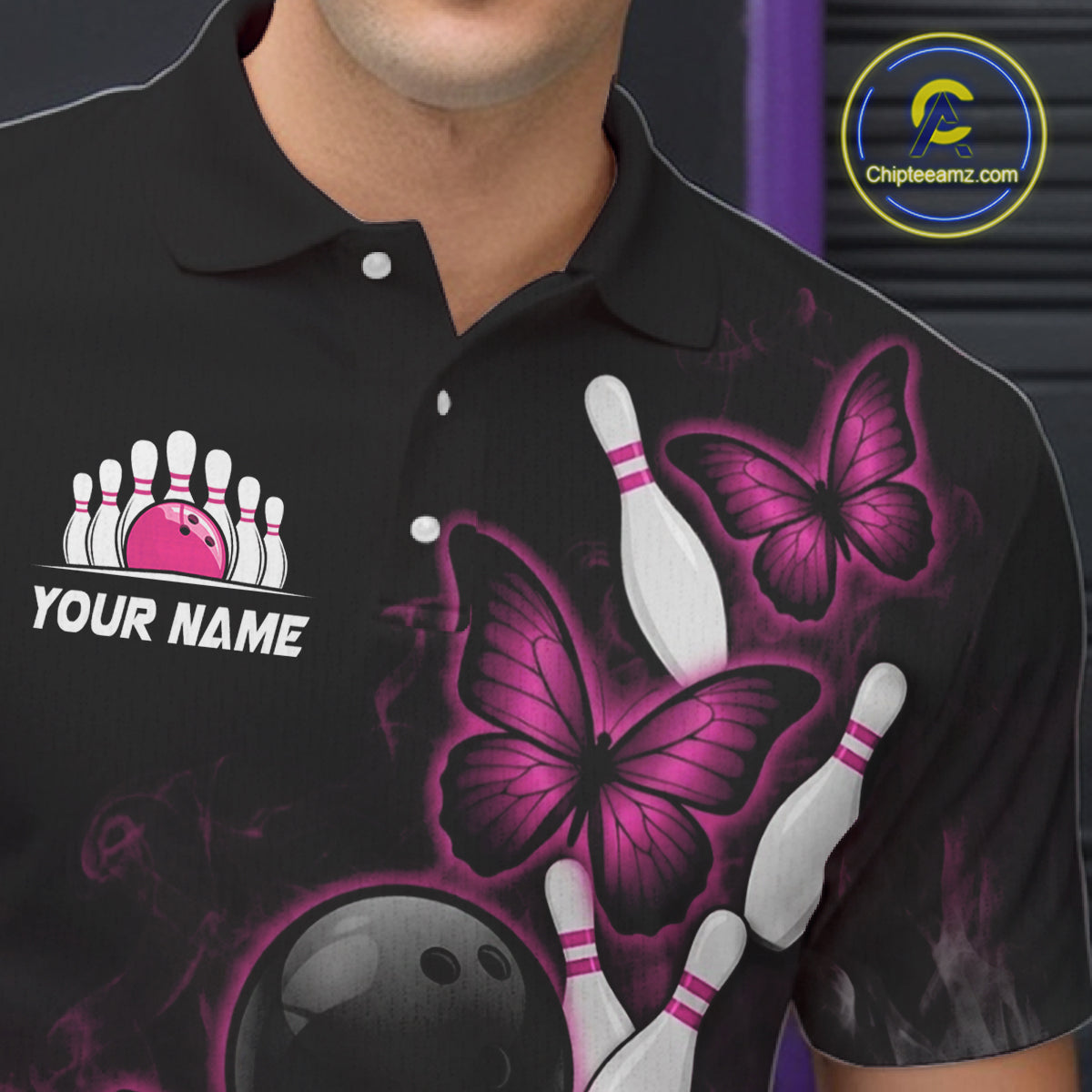 Pink Black Custom Butterfly Bowling Shirt For Men, Smoke Bowling Team Jersey Polo & 1/4 Zip Shirt TDM6423