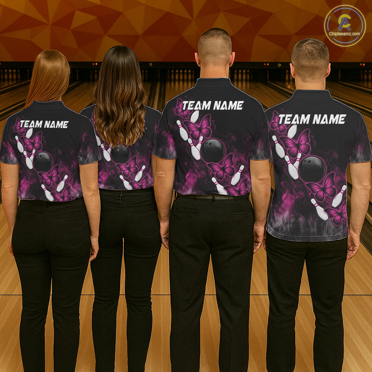 Pink Black Custom Butterfly Bowling Shirt For Men, Smoke Bowling Team Jersey Polo & 1/4 Zip Shirt TDM6423