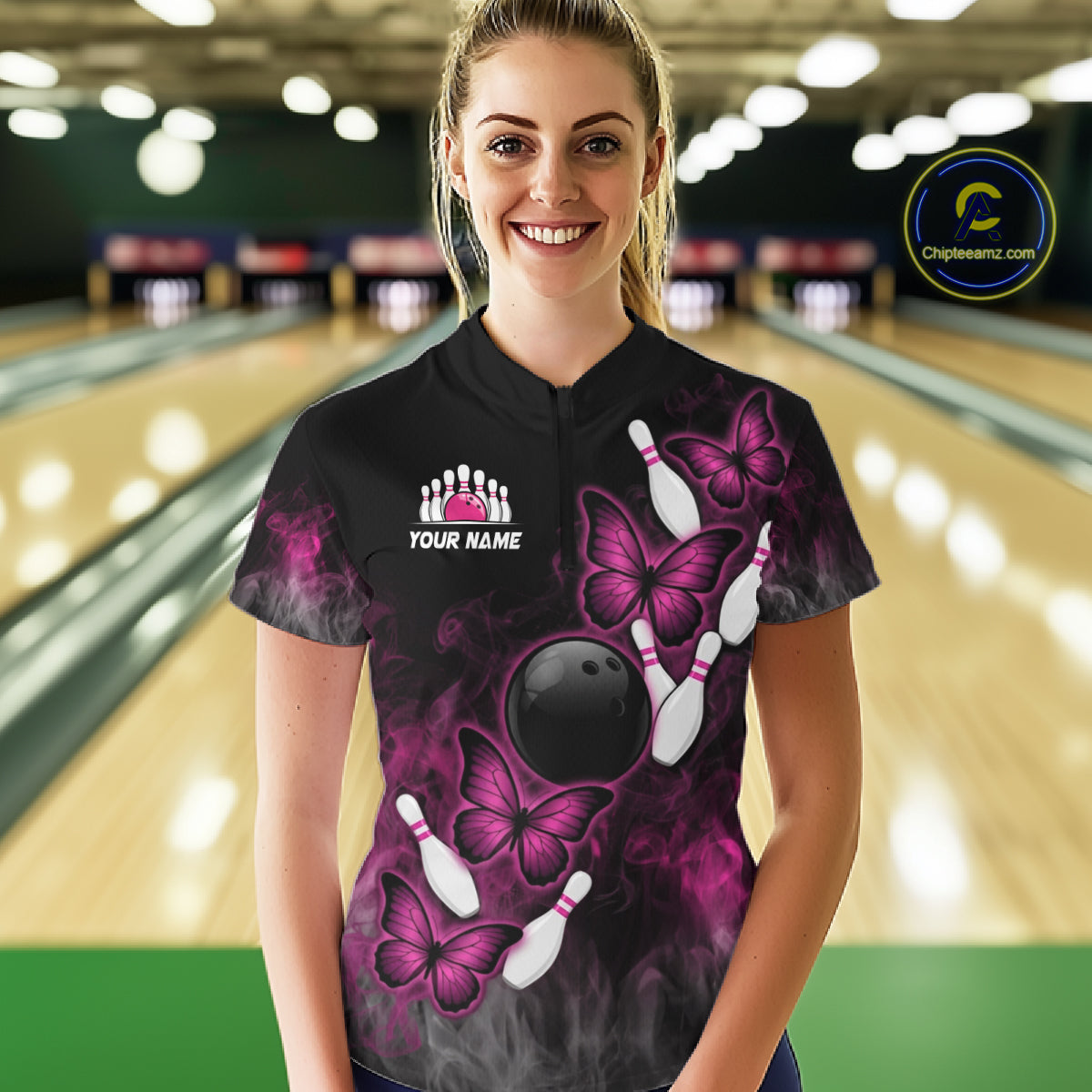 Pink Black Custom Butterfly Bowling Shirt For Women, Smoke Bowling Team Jersey Polo & 1/4 Zip Shirt TDM6423