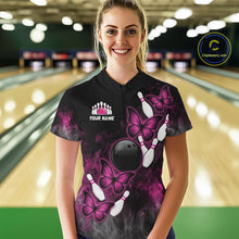 Load image into Gallery viewer, Pink Black Custom Butterfly Bowling Shirt For Women, Smoke Bowling Team Jersey Polo &amp; 1/4 Zip Shirt TDM6423