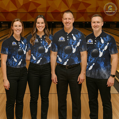 Black And Blue Custom Butterfly Bowling Shirt For Men, Smoke Bowling Team Jersey Polo & 1/4 Zip TDM6424