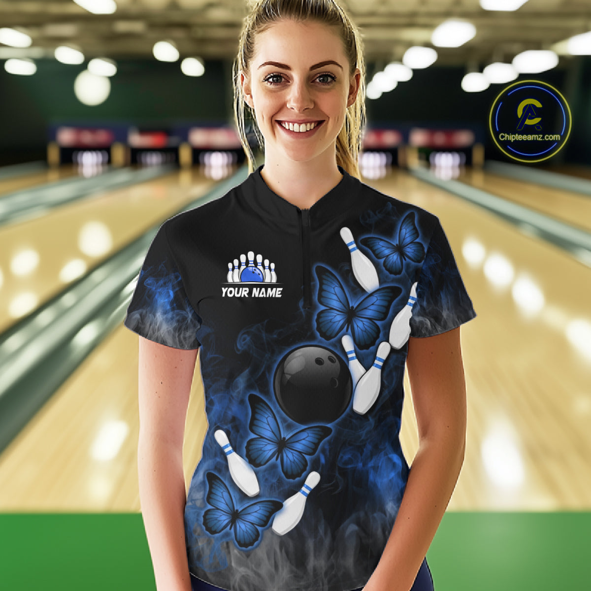 Black And Blue Custom Butterfly Bowling Shirt For Women, Smoke Bowling Team Jersey Polo & 1/4 Zip TDM6424