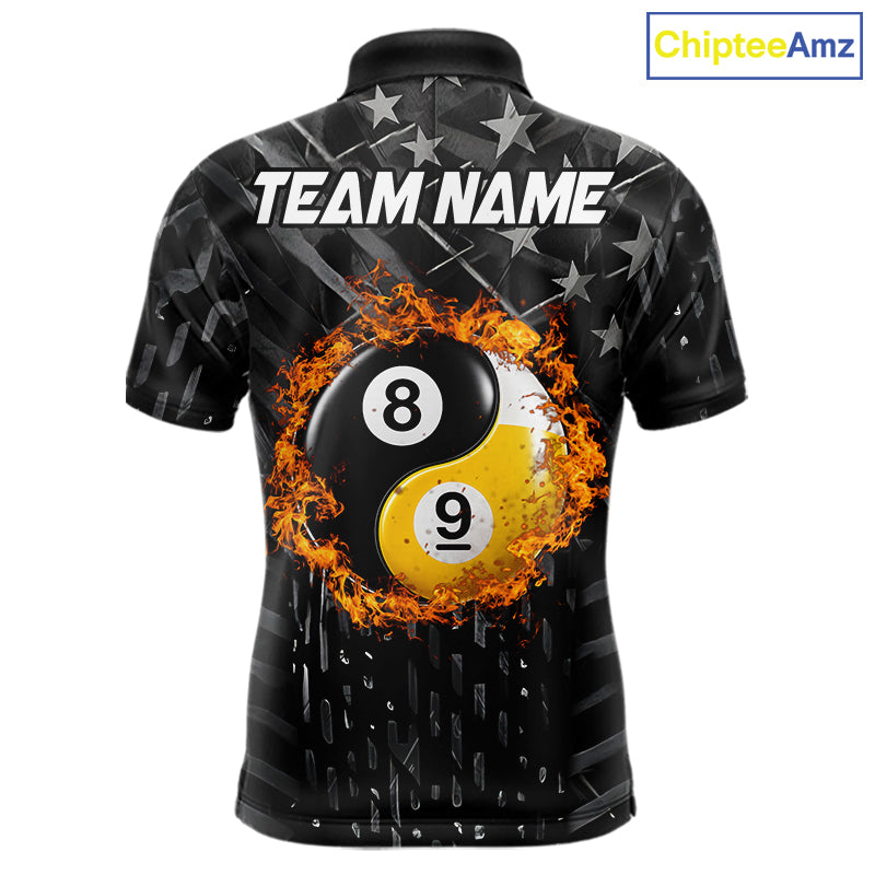 Black billiard polo shirt for men with distressed silver star background, featuring a flaming yin-yang 8-ball and 9-ball graphic on the back, customizable "Team Name" text, and personalized "Your Name" detail on the front chest.