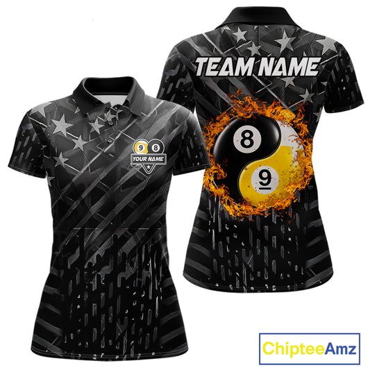 Black billiard polo shirt for women with distressed silver star background, featuring a flaming yin-yang 8-ball and 9-ball graphic on the back, customizable "Team Name" text, and personalized "Your Name" detail on the front chest.
