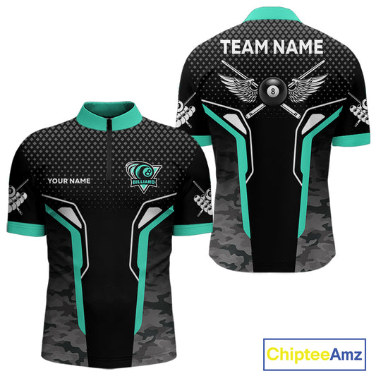 Black & Turquoise 8 Ball Pool Wings Custom Camo Billiard Shirt For Men, Billiard Team Jersey TDM4440