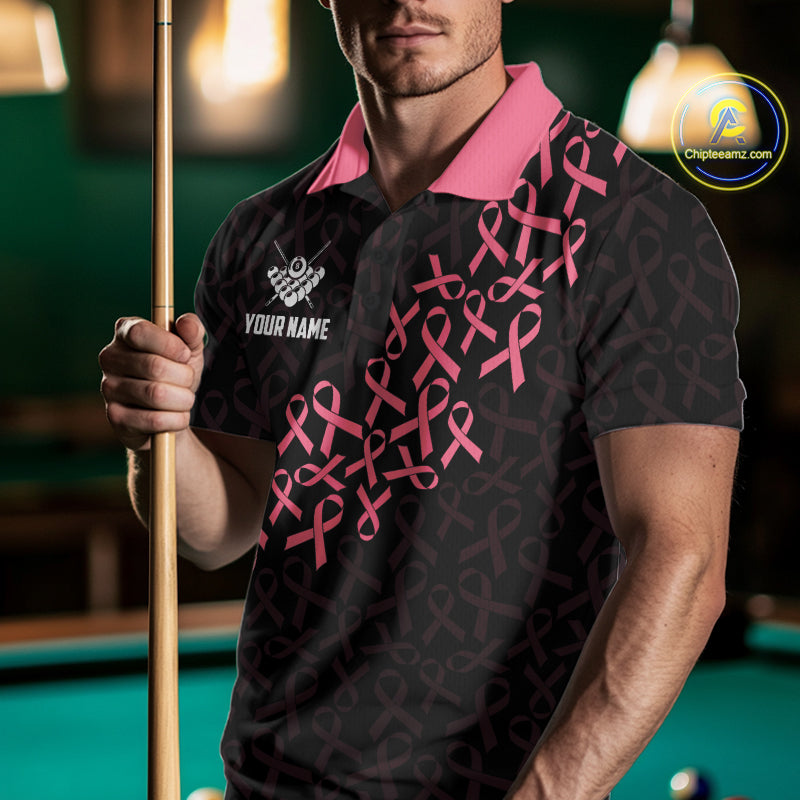 Man Wearing Pink Ribbons Breast Cancer Awareness Billiard Polo Shirt with Athletic Performance Fit and Patriotic Graphic Artwork, Front View